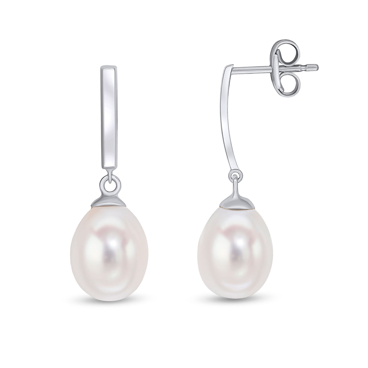 9CT WHITE GOLD POLISHED CURVED BAR WITH CULTURED FRESHWATER PEARL DROP EARRINGS