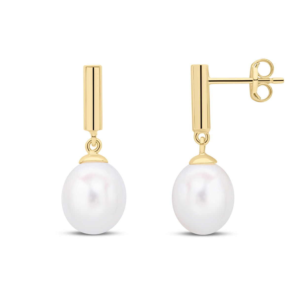 9CT YG CYLINDER BAR TOP WITH CFW PEARL DROP EARRINGS