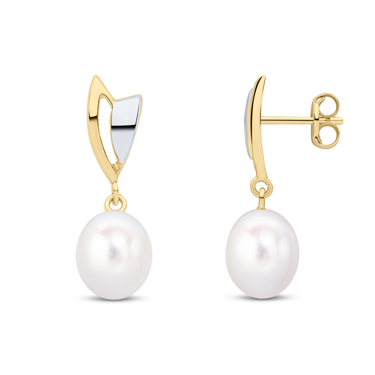 9CT YG SHIELD SHAPE TOP WITH RHODIUM SECTION AND CFW PEARL DROP EARRINGS