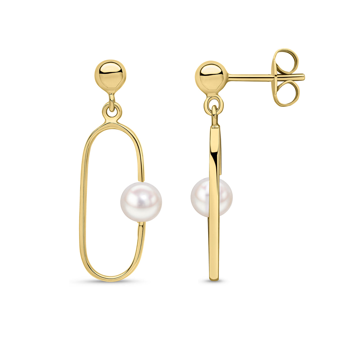9CT YG OPEN OVAL DROP EARRINGS WITH 5MM FW PEARL TO THE SIDE. 4MM BALL STUD TOP