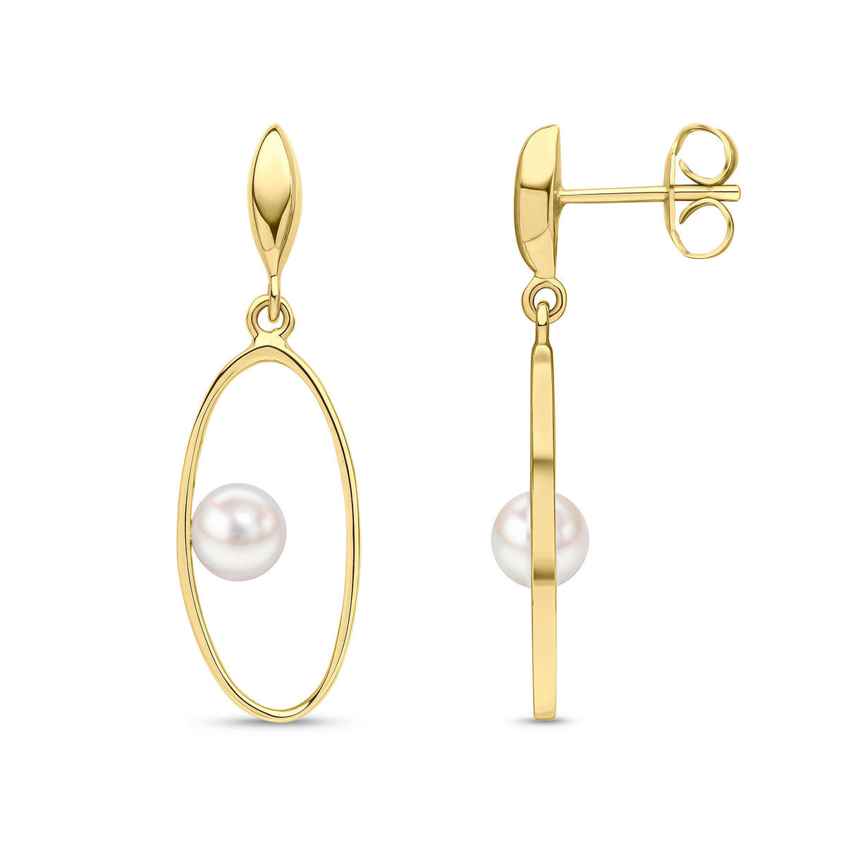 9CT YG OPEN OVAL DROP EARRINGS WITH 5MM FW PEARL TO THE SIDE. MARQUISE SHAPE STUD TOP