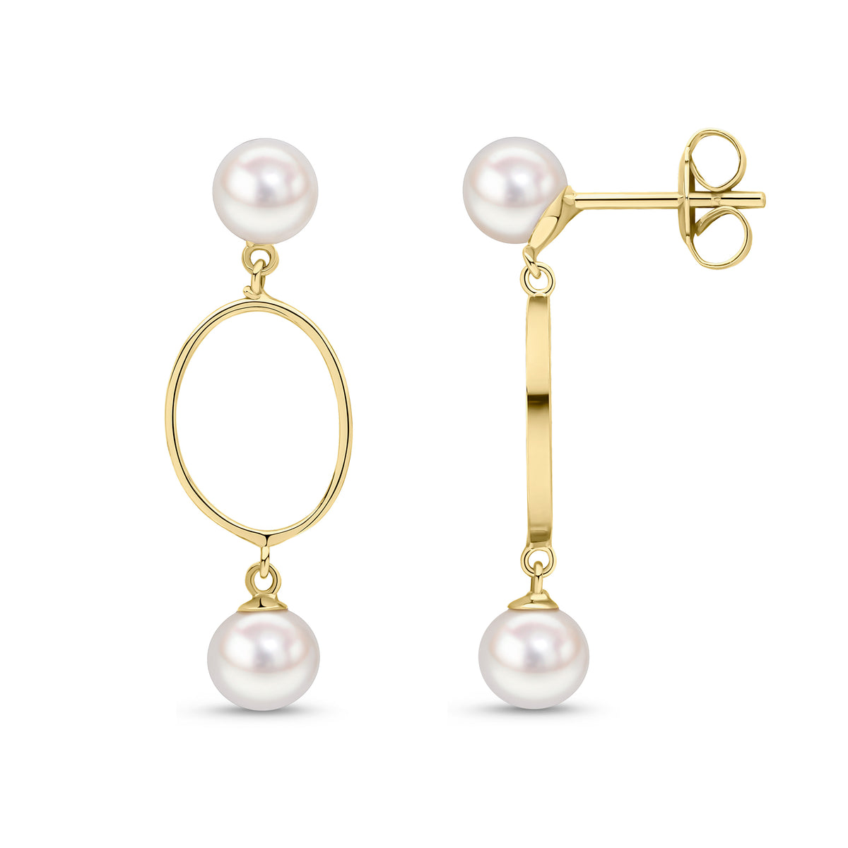 9CT YG OPEN OVAL DROP EARRINGS WITH 5MM FW PEARL TOP AND BOTTOM