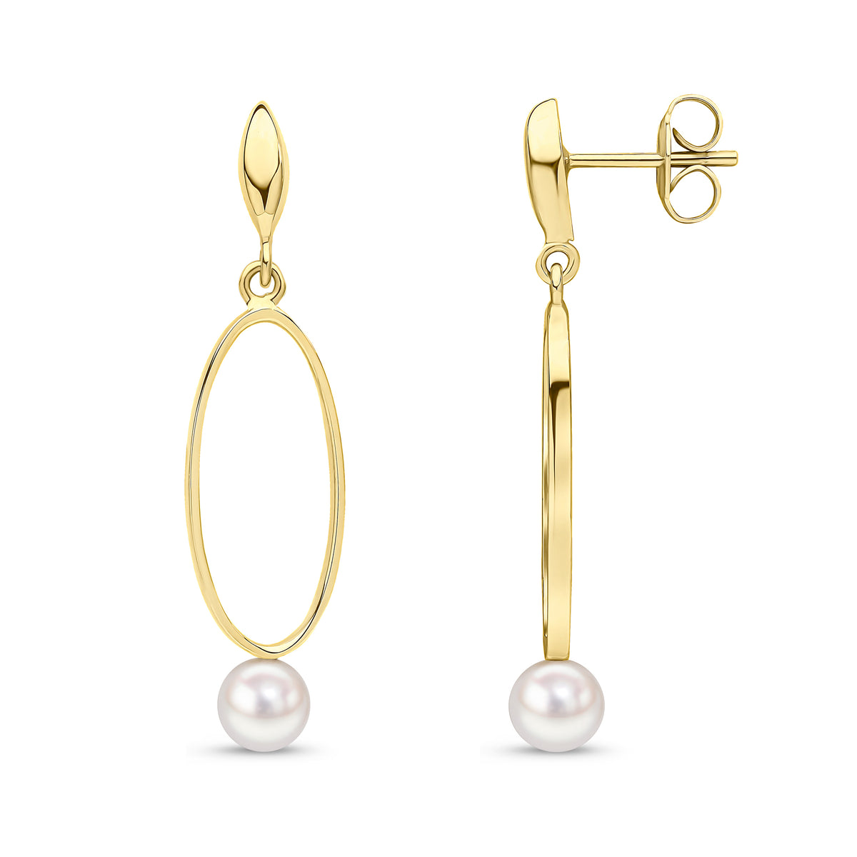 9CT YG OPEN OVAL DROP EARRINGS WITH 5MM FW PEARL BOTTOM AND MARQUISE SHAPE STUD TOP