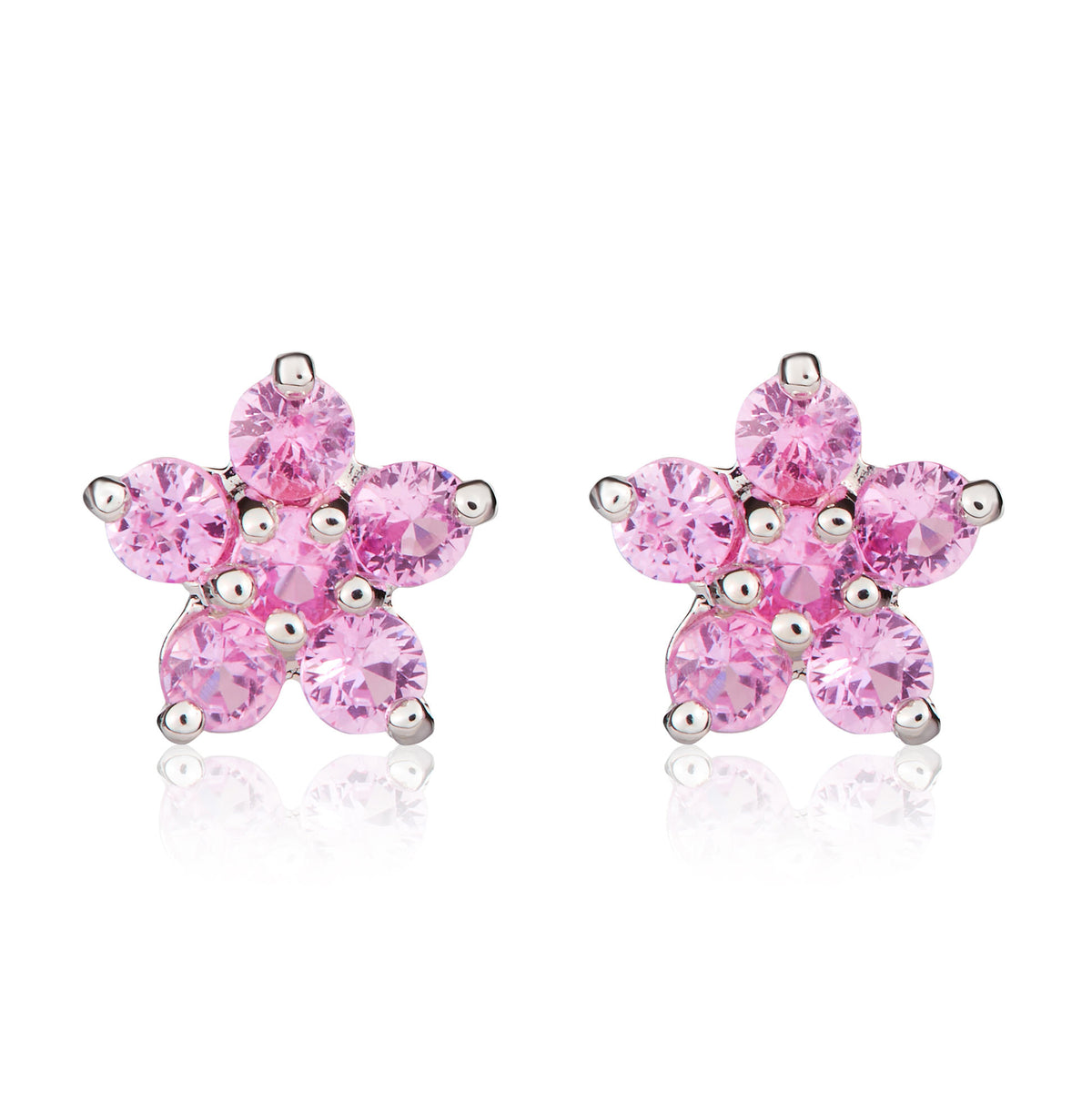 9CT WG 5X1 ROUND PINK SAPPHIRE CLAW SET CLUSTER EARRINGS