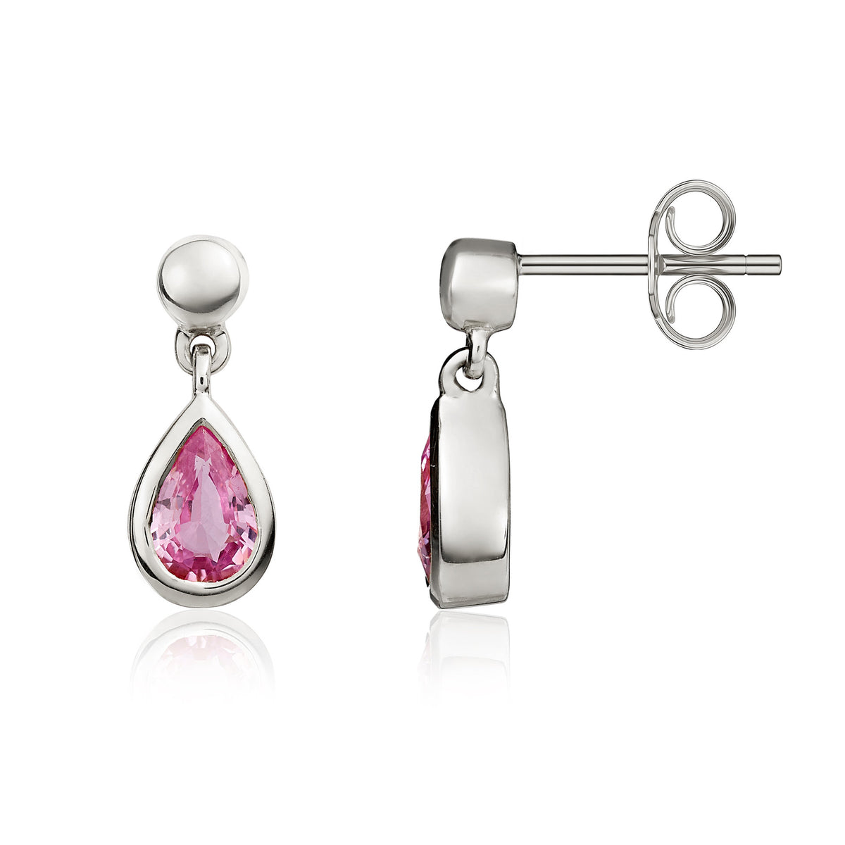 9CT WG 6X4 PEARSHAPE PINK SAPPHIRE RUBOVER DROP EARRINGS WITH 3MM BEAD TOP