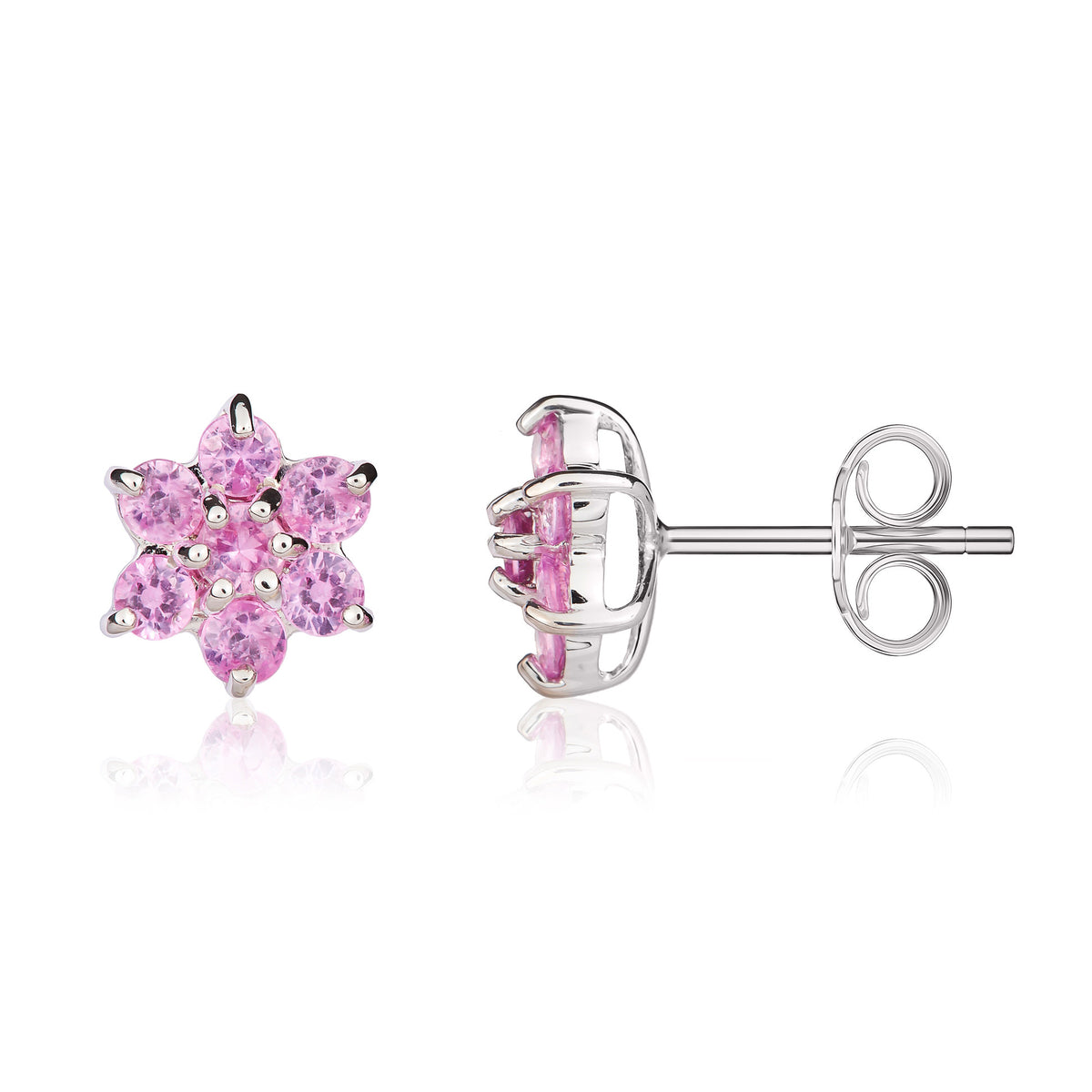 9CT WHITE GOLD ROUND PINK SAPPHIRE 6X1 CLAW CLUSTER EARRINGS