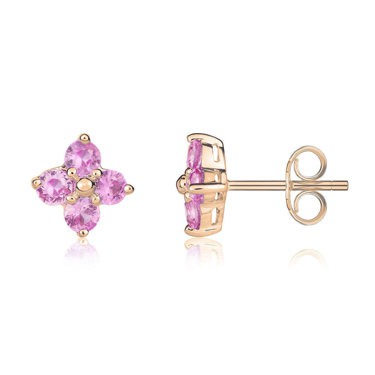 9CT RG ROUND PINK SAPPHIRE QUATREFOIL CLAW EARRINGS