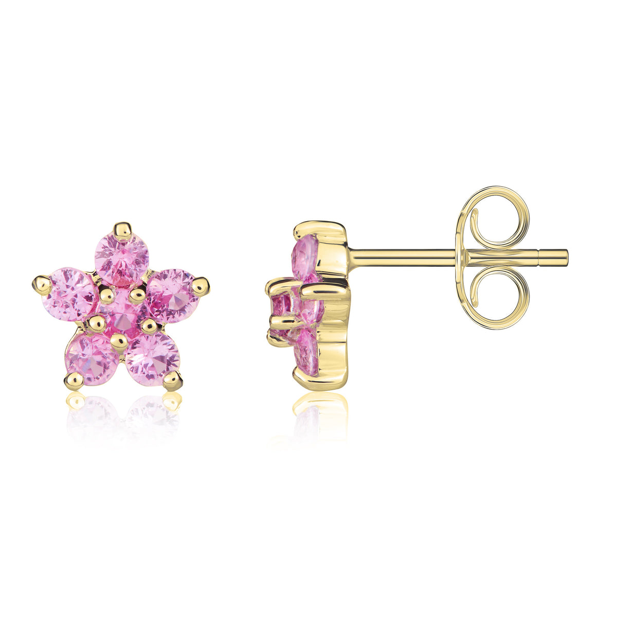 9CT YG 5X1 ROUND PINK SAPPHIRE CLAW SET CLUSTER EARRINGS