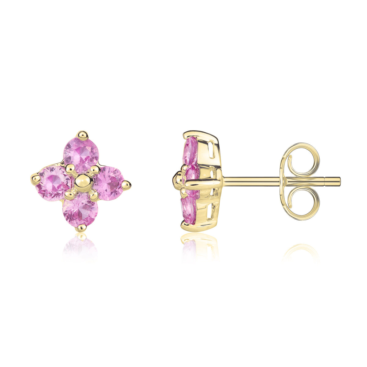 9CT YG ROUND PINK SAPPHIRE QUATREFOIL CLAW EARRINGS