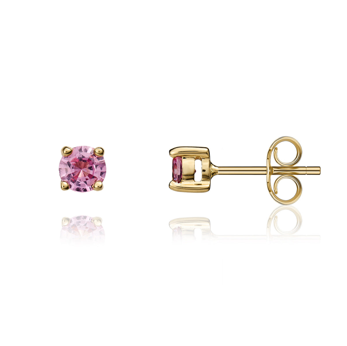 9CT YG ROUND 4MM PINK SAPPHIRE 4 CLAW EARRINGS * STONE SHORTAGE SO CAN'T ORDER *
