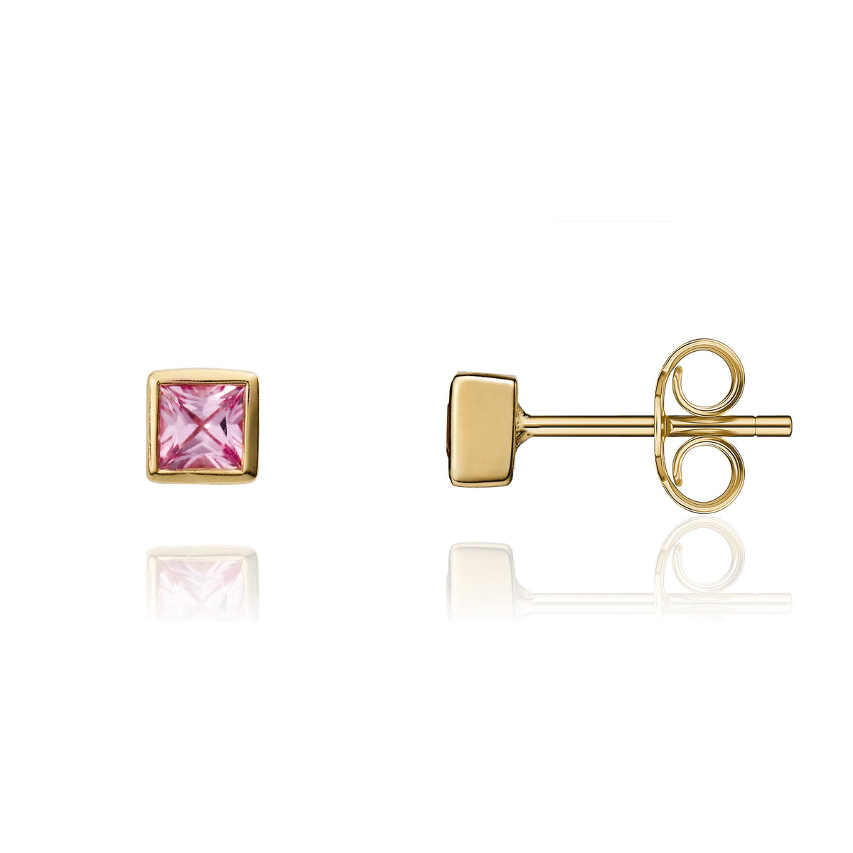 9CT YG 3MM SQUARE PINK SAPPHIRE RUBOVER STUD EARRINGS
