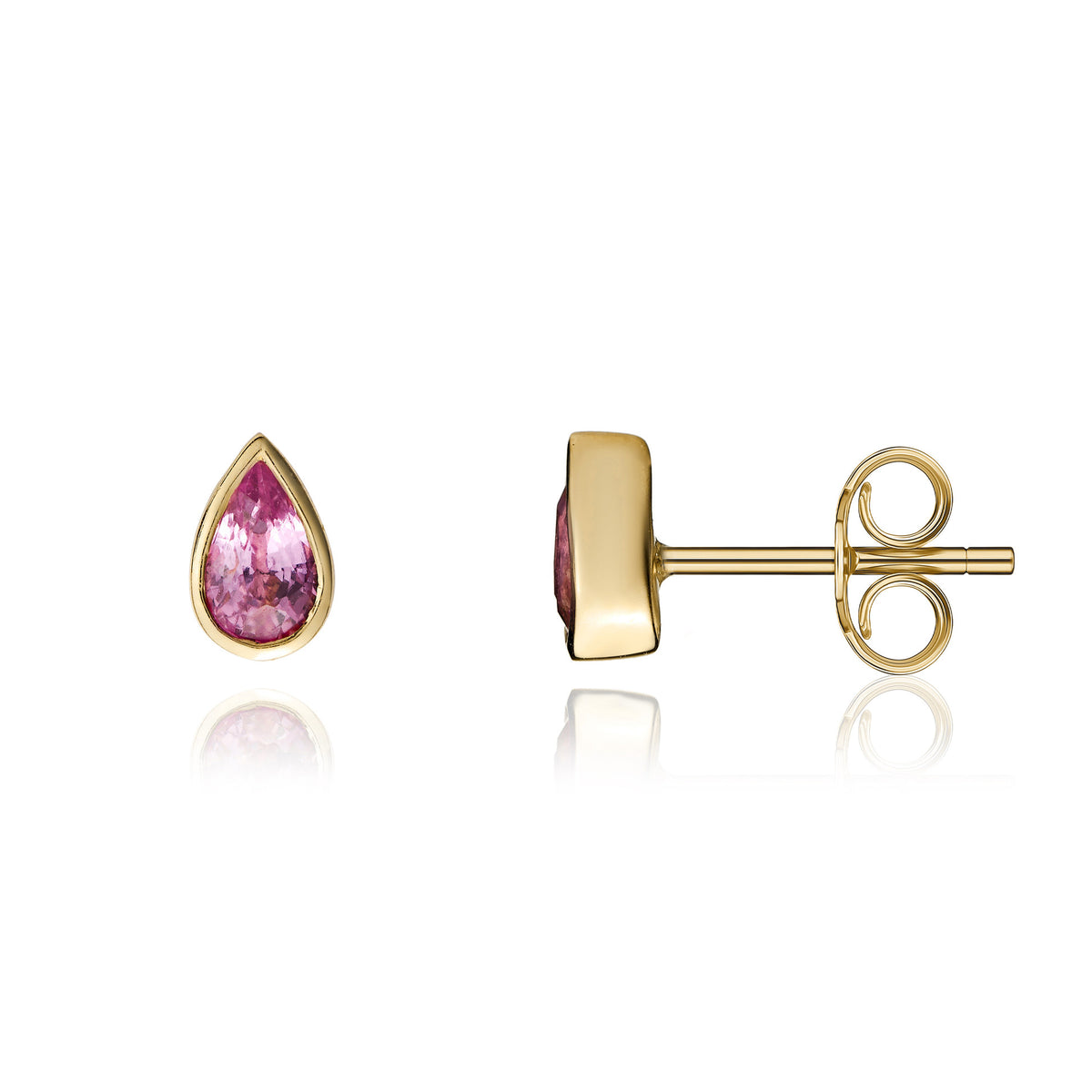 9CT YG 5X3 PEARSHAPE PINK SAPPHIRE RUBOVER STUD EARRINGS