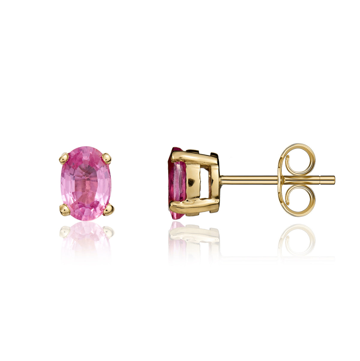 9YG 6X4 OVAL PINK SAPPHIRE CLAW SET EARRINGS * STONE SHORTAGE SO CURRENTLY NOT AVAILABLE *