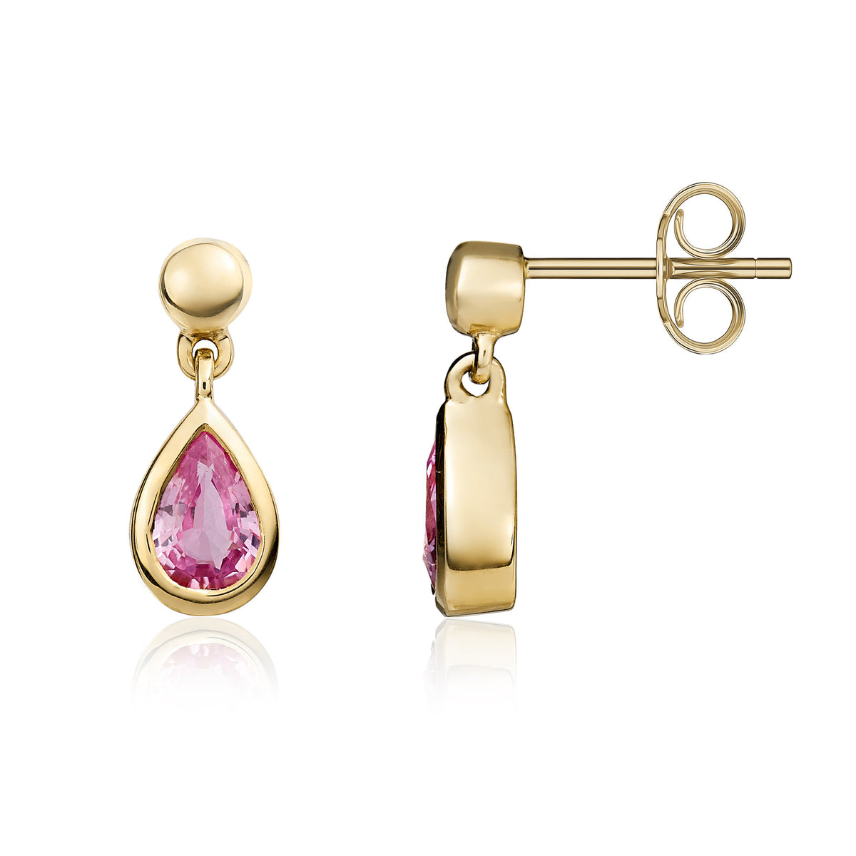 9CT YG 6X4 PEARSHAPE PINK SAPPHIRE RUBOVER DROP EARRINGS WITH 3MM BEAD TOP