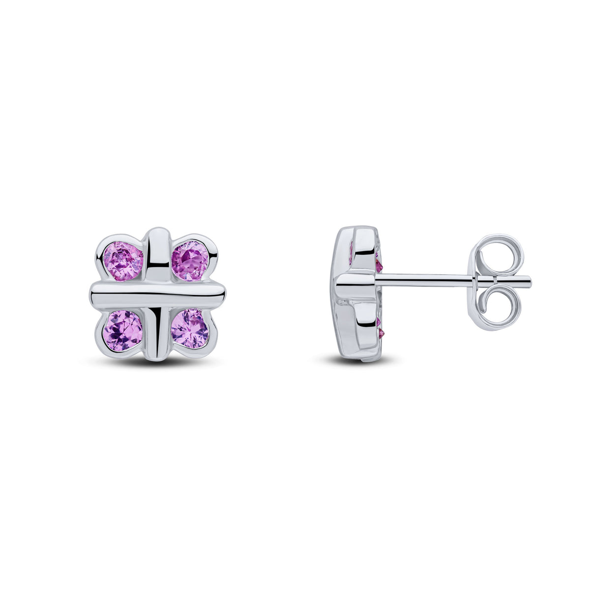 9CT WHITE GOLD ROUND PINK SAPPHIRE RUBOVER QUATREFOIL STUD EARRINGS WITH CROSS CENTRE