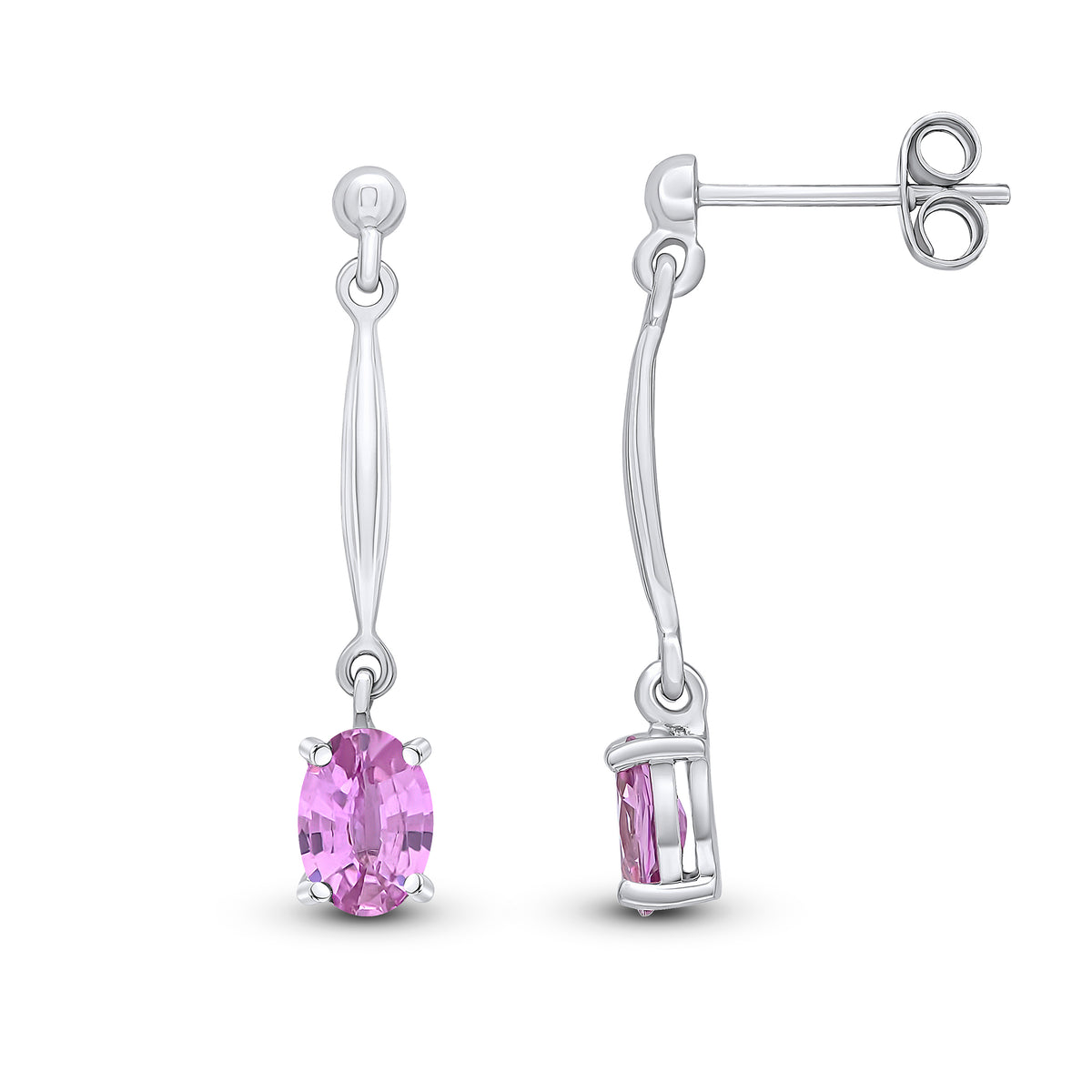 9CT WG CLAW SET 6X4MM OVAL PINK SAPPHIRE AND BAR DROP EARRINGS