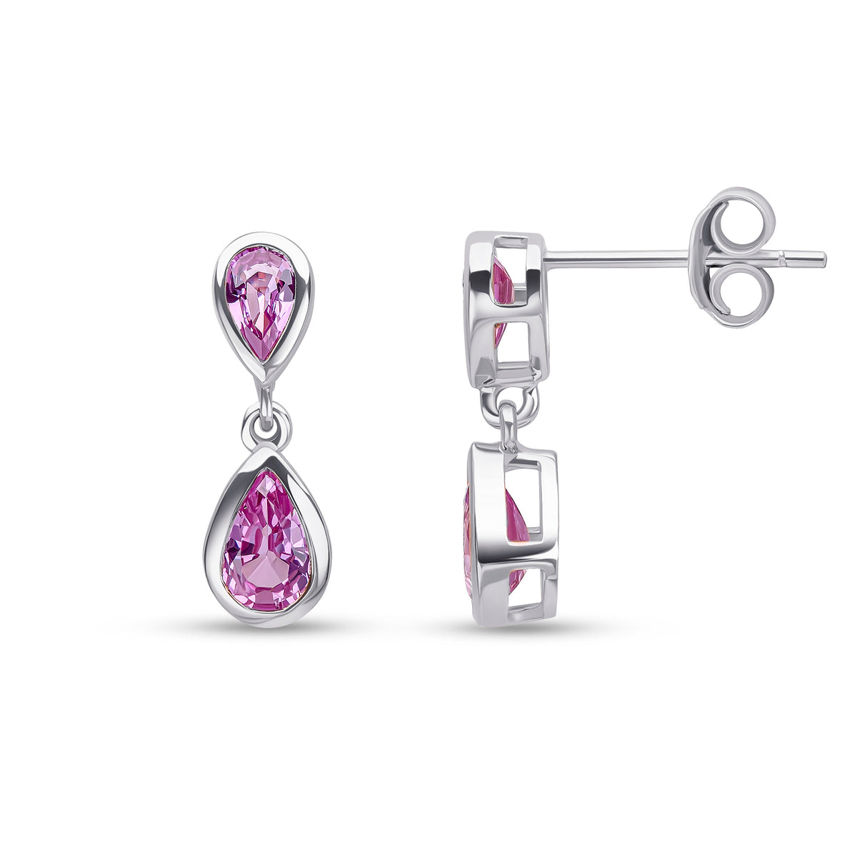 9CT WG PEARSHAPE PINK SAPPHIRE 2 STONE RUBOVER DROP EARRINGS
