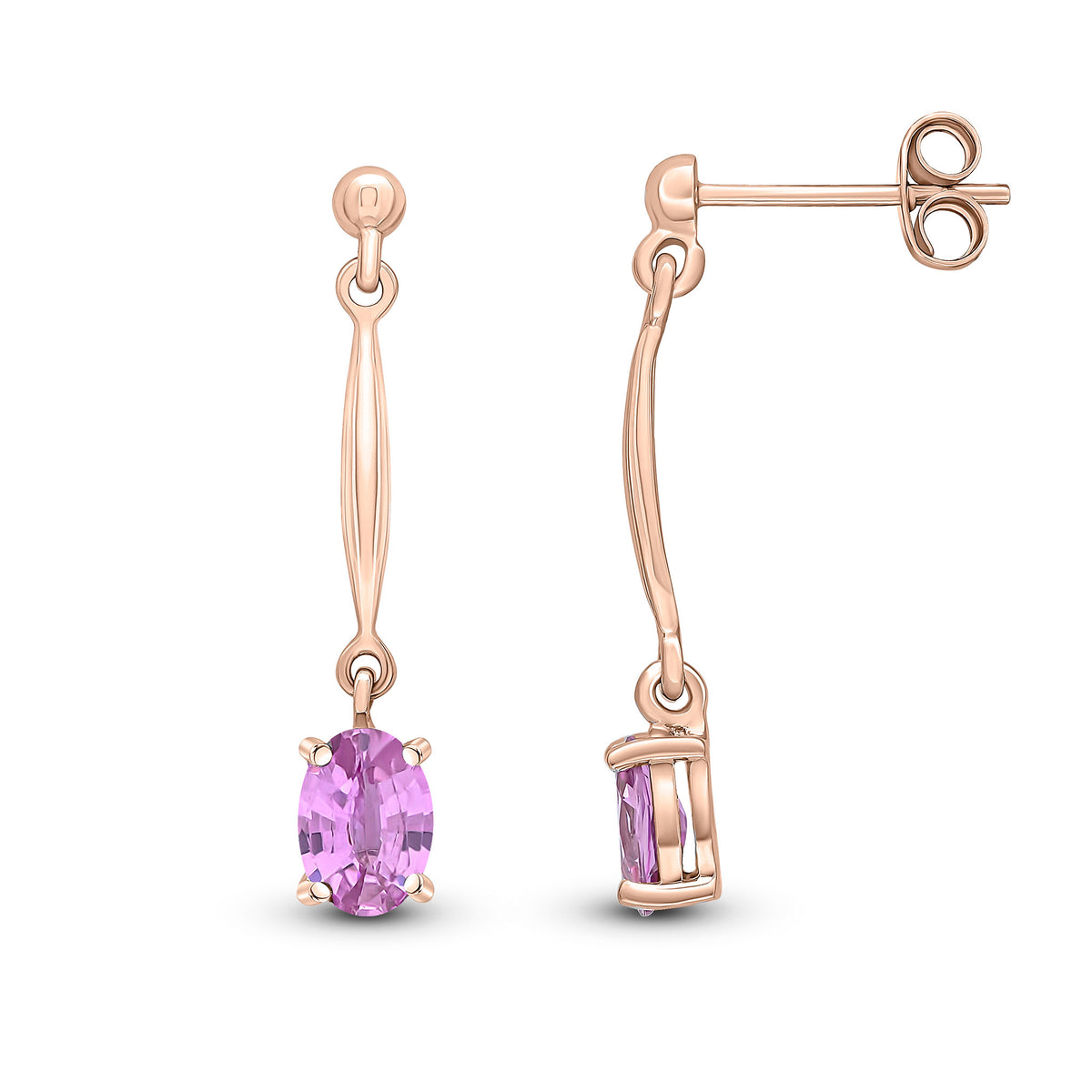 9CT RG CLAW SET 6X4MM OVAL PINK SAPPHIRE AND BAR DROP EARRINGS