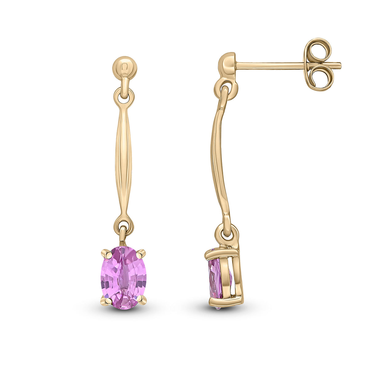 9CT YG CLAW SET 6X4MM OVAL PINK SAPPHIRE AND BAR DROP EARRINGS