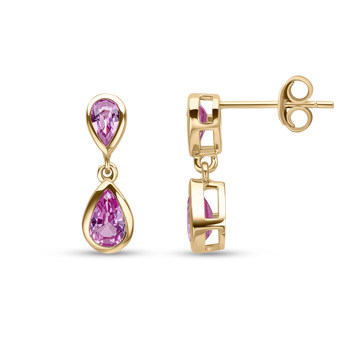 9CT YG PEARSHAPE PINK SAPPHIRE 2 STONE RUBOVER DROP EARRINGS