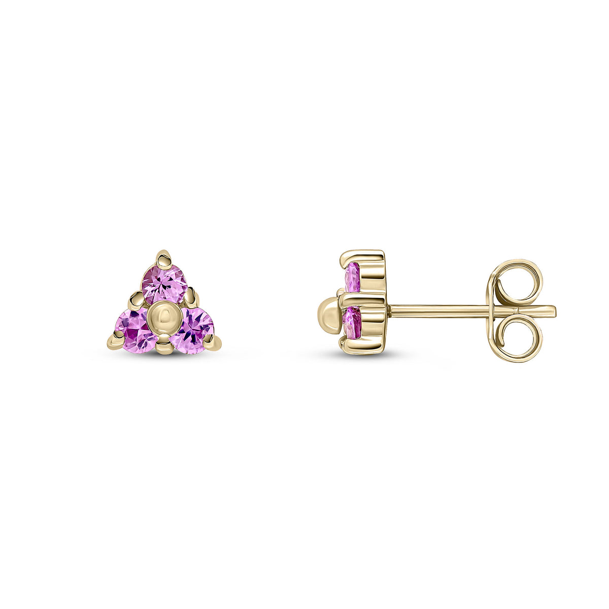 9CT YG ROUND PINK SAPPHIRE CLAW SET TREFOIL EARRINGS