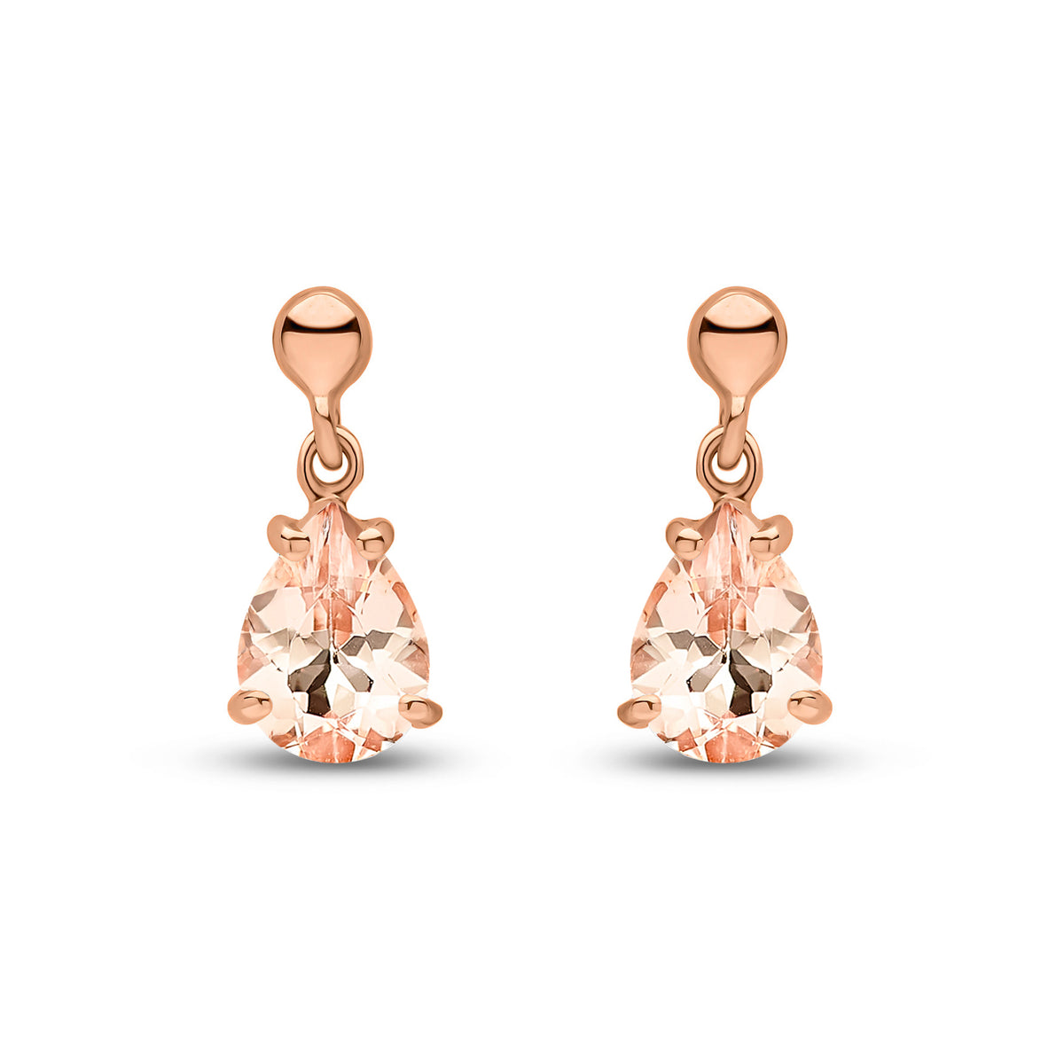 9CT RG 7X5 PEARSHAPE MORGANITE CLAW SET DROP EARRINGS WITH BEAD TOP