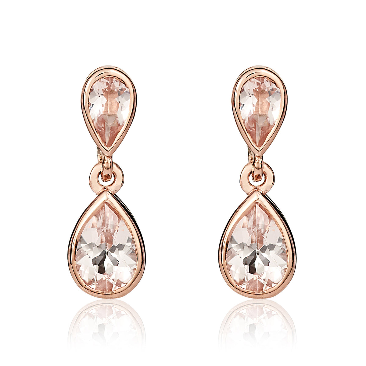 9CT RG PEARSHAPE MORGANITE 2 STONE RUBOVER DROP EARRINGS