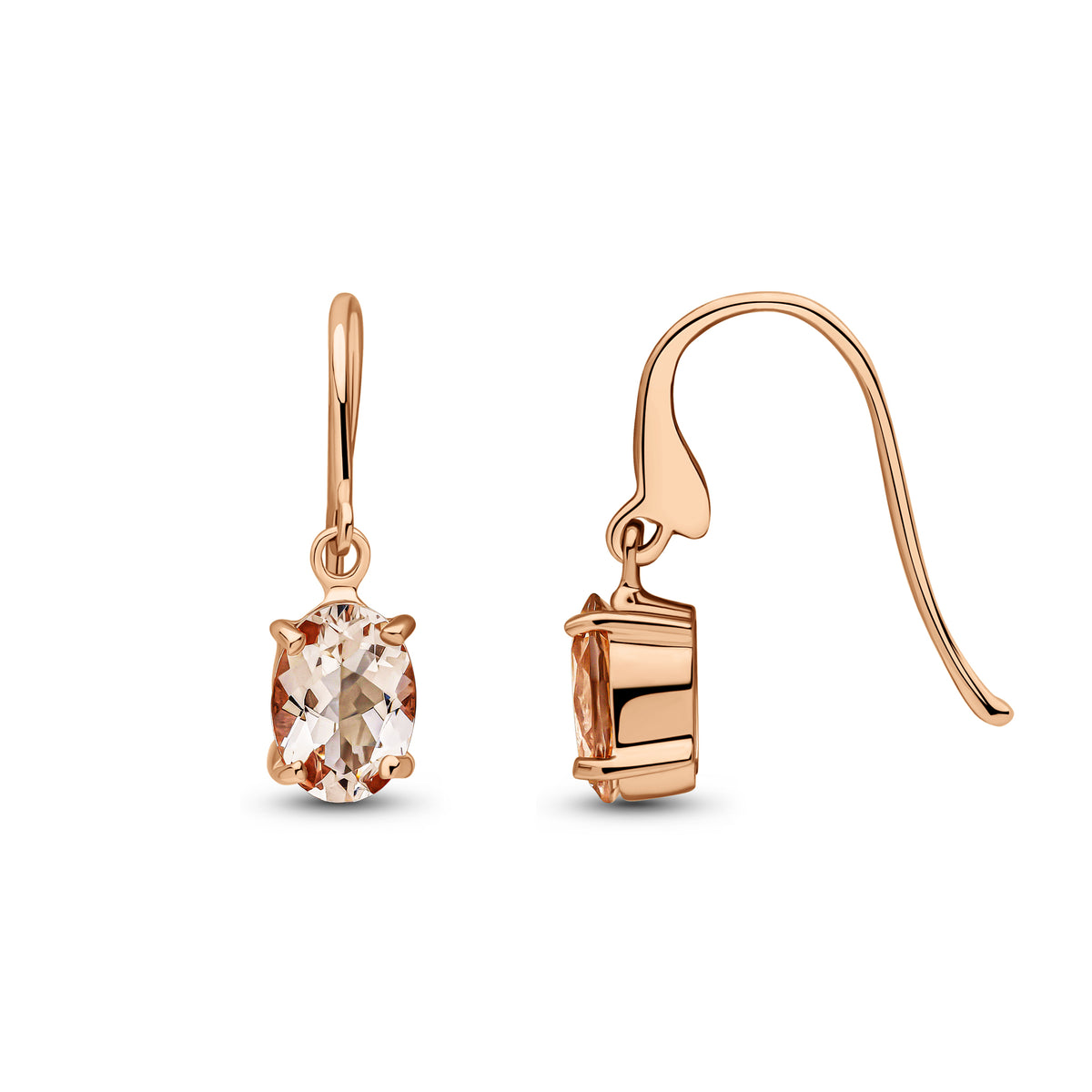9CT RG 7X5 OVAL MORGANITE CLAW SET DROP EARRINGS WITH HOOK WIRE FITTING
