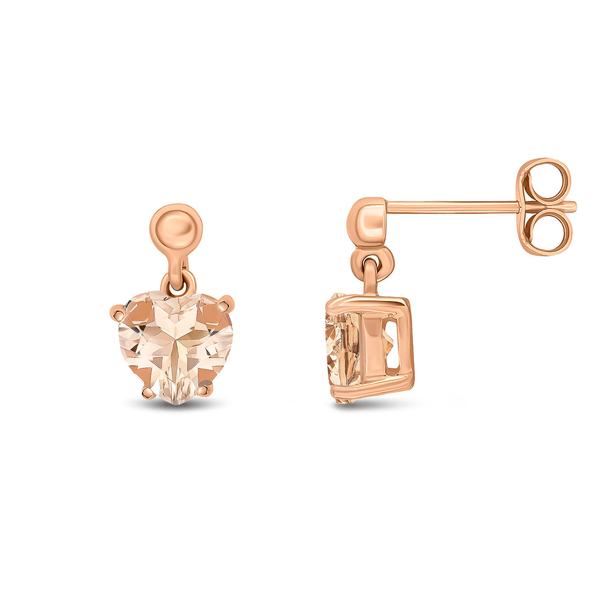 9CT RG 6MM HEART-SHAPE MORGANITE CLAW SET DROP EARRINGS WITH 3MM BEAD TOP