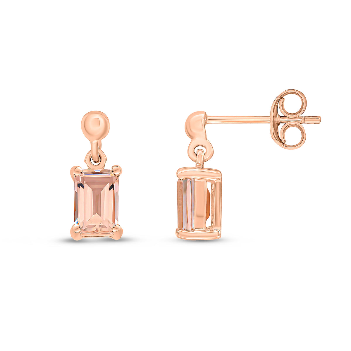 9CT RG 6X4 OCTAGON MORGANITE CLAW SET DROP EARRINGS WITH BEAD TOP
