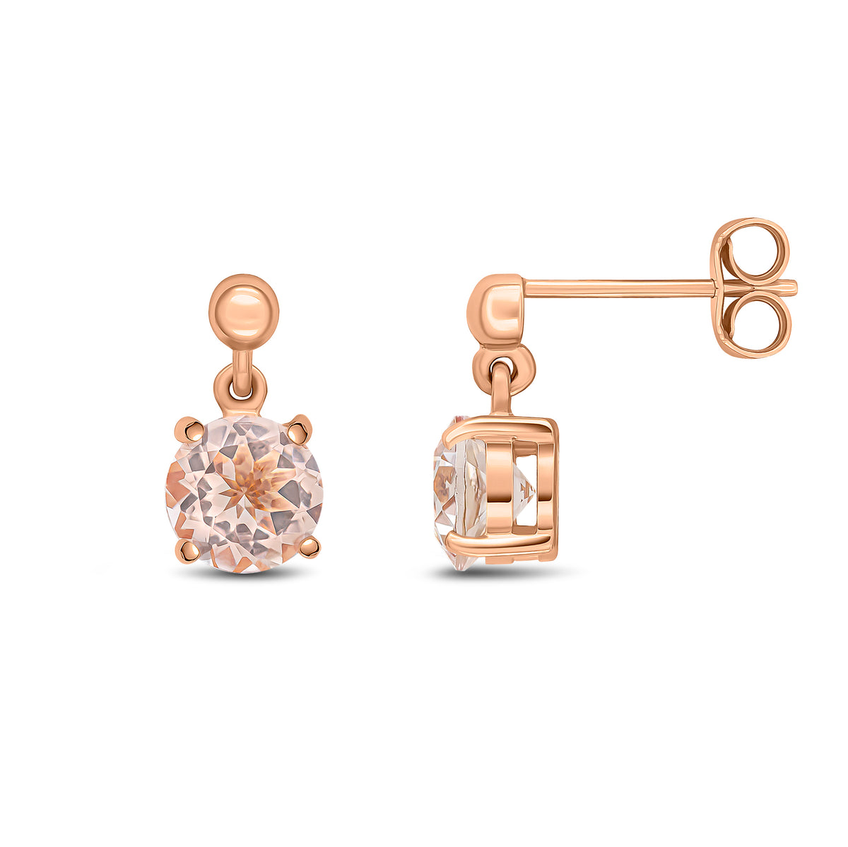 9CT RG 6MM ROUND MORGANITE CLAW SET DROP EARRINGS WITH BEAD TOP
