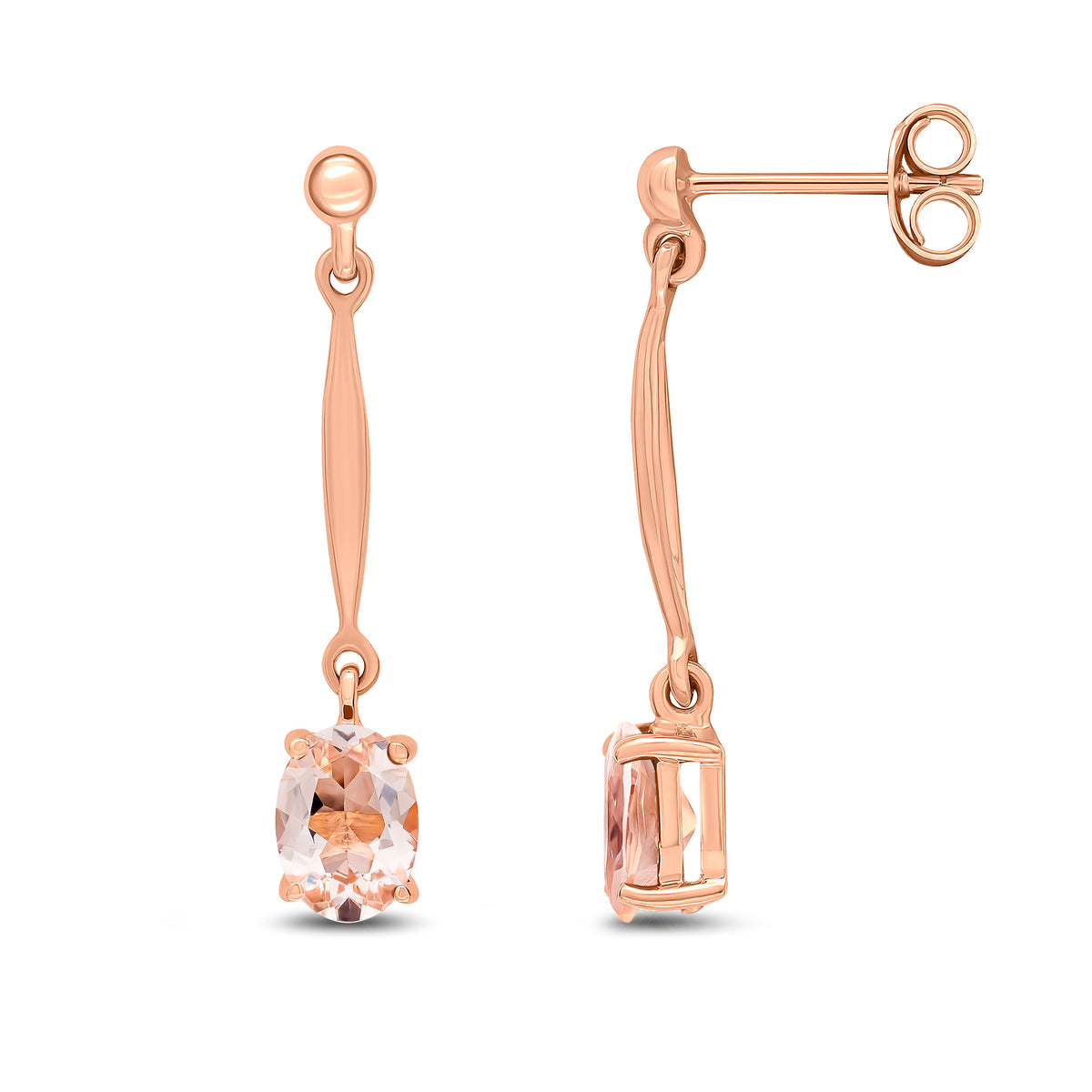 9CT RG 7X5MM OVAL MORGANITE AND BAR DROP EARRINGS WITH BEAD TOP