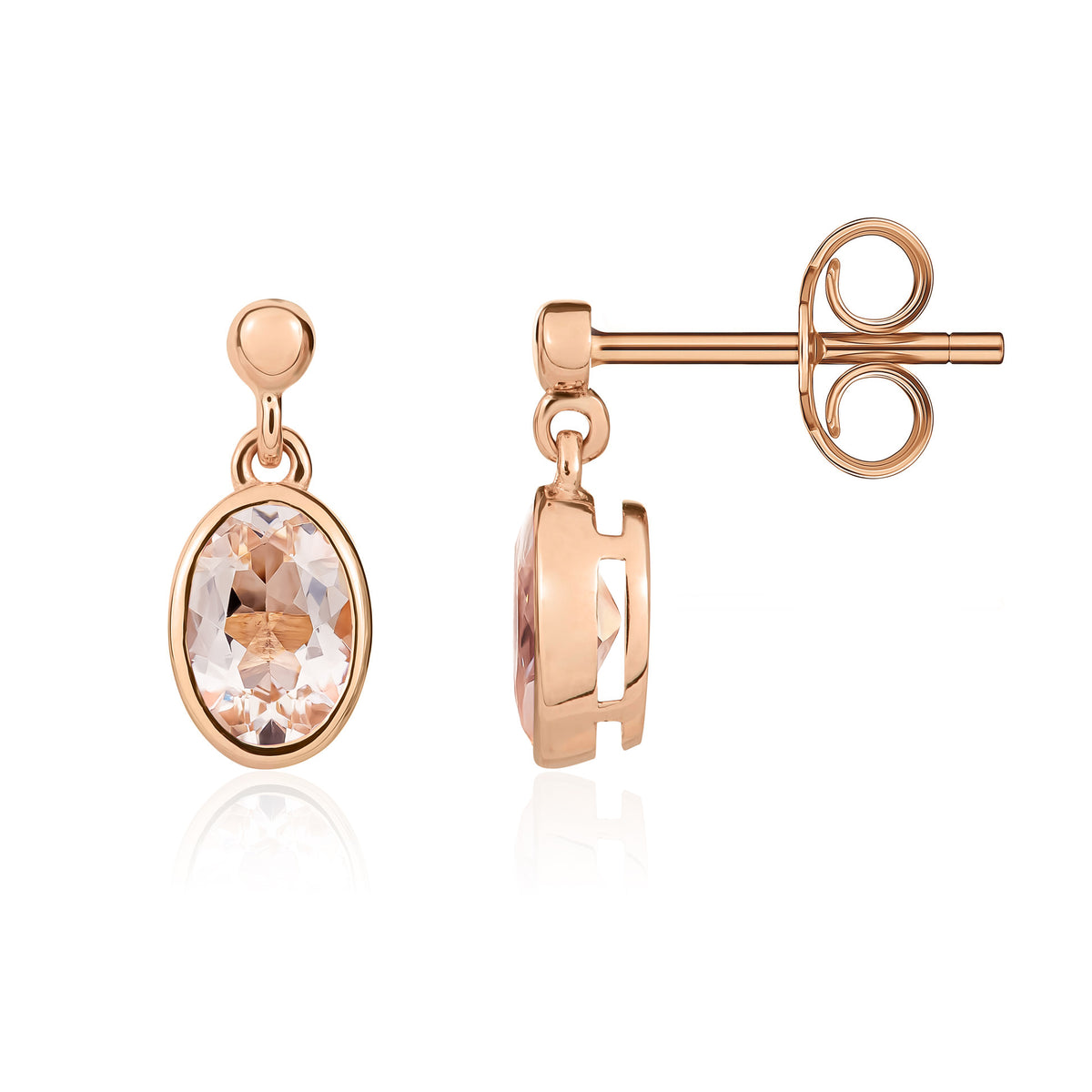9CT RG 6X4 OVAL MORGANITE RUBOVER DROP EARRINGS WITH 2.5MM BEAD TOP