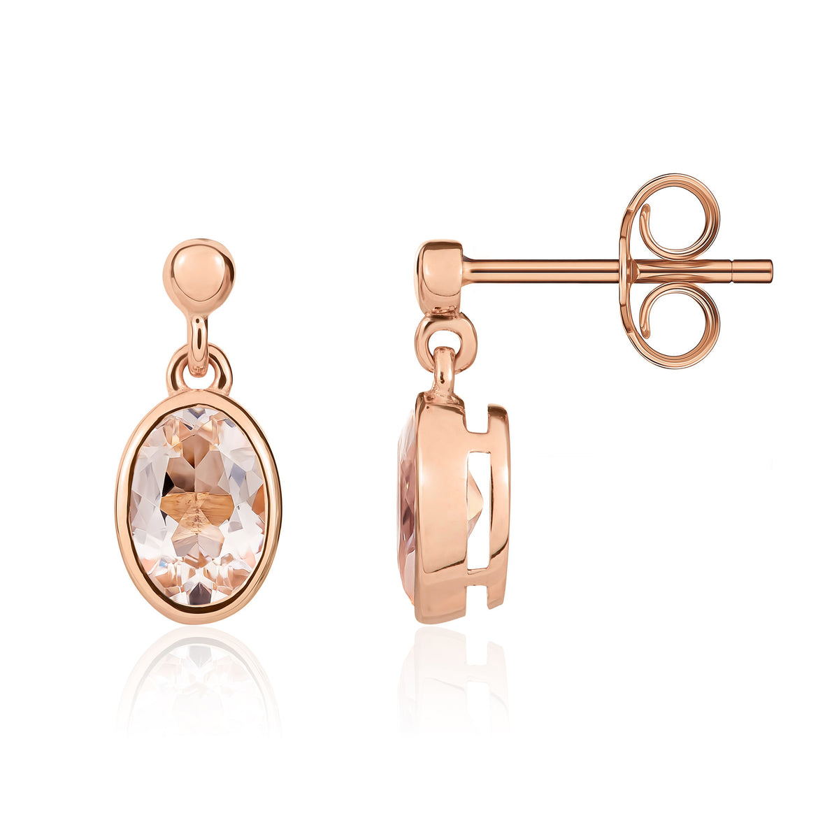 9CT RG 7X5MM OVAL MORGANITE RUBOVER DROP EARRINGS WITH BEAD TOP