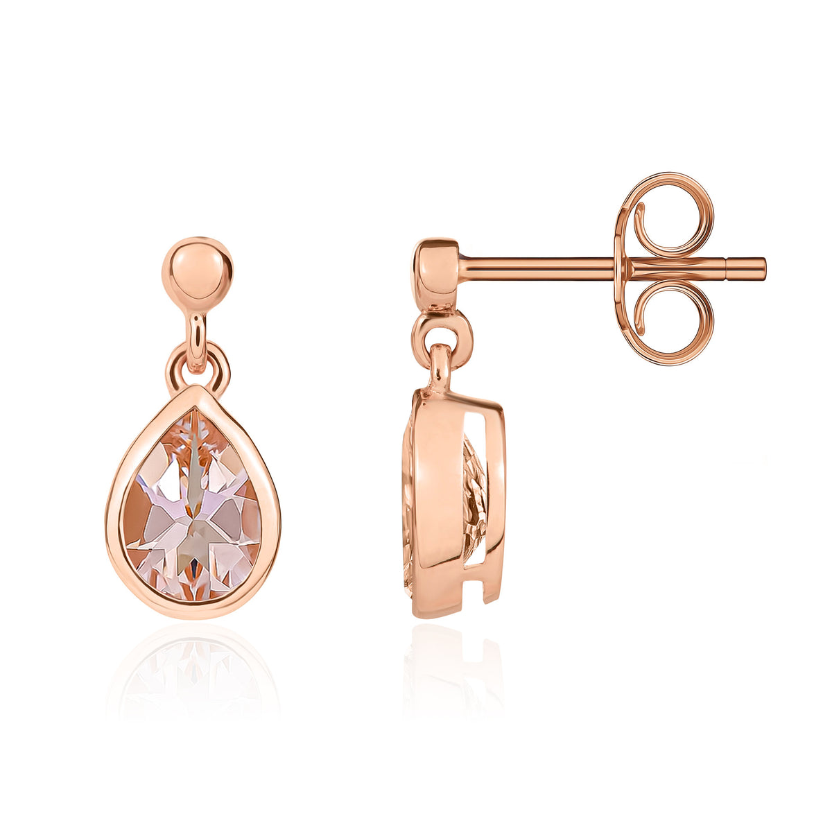 9CT RG 7X5 PEARSHAPE MORGANITE RUBOVER DROP EARRINGS WITH BEAD TOP
