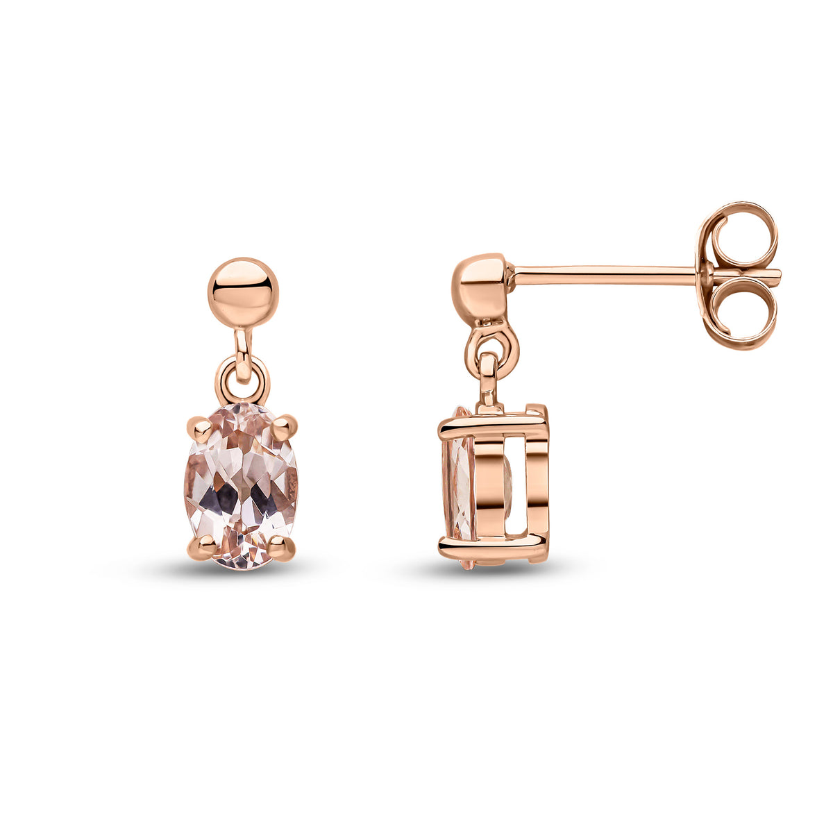 9CT RG 6X4 OVAL MORGANITE CLAW SET DROP EARRINGS WITH BEAD TOP