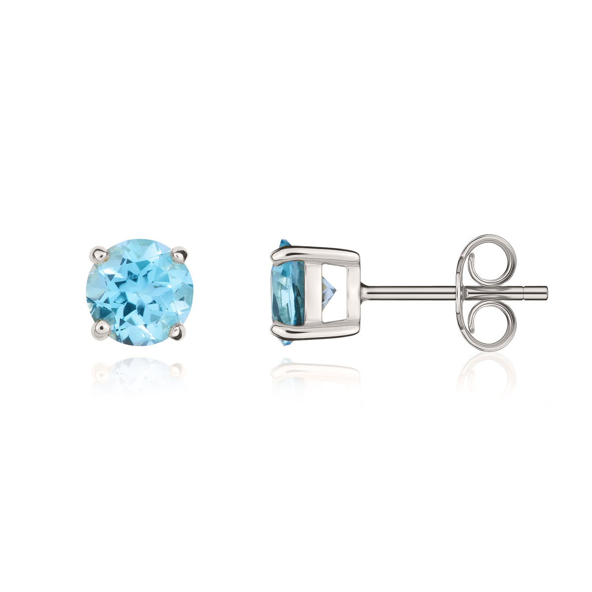 9CT WG 5MM ROUND SWISS BLUE TOPAZ CLAW SET STUD EARRINGS