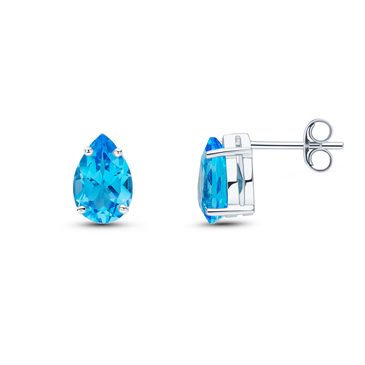 9CT WG 9X6 PEARSHAPE SWISS BLUE TOPAZ 4 CLAW EARRINGS