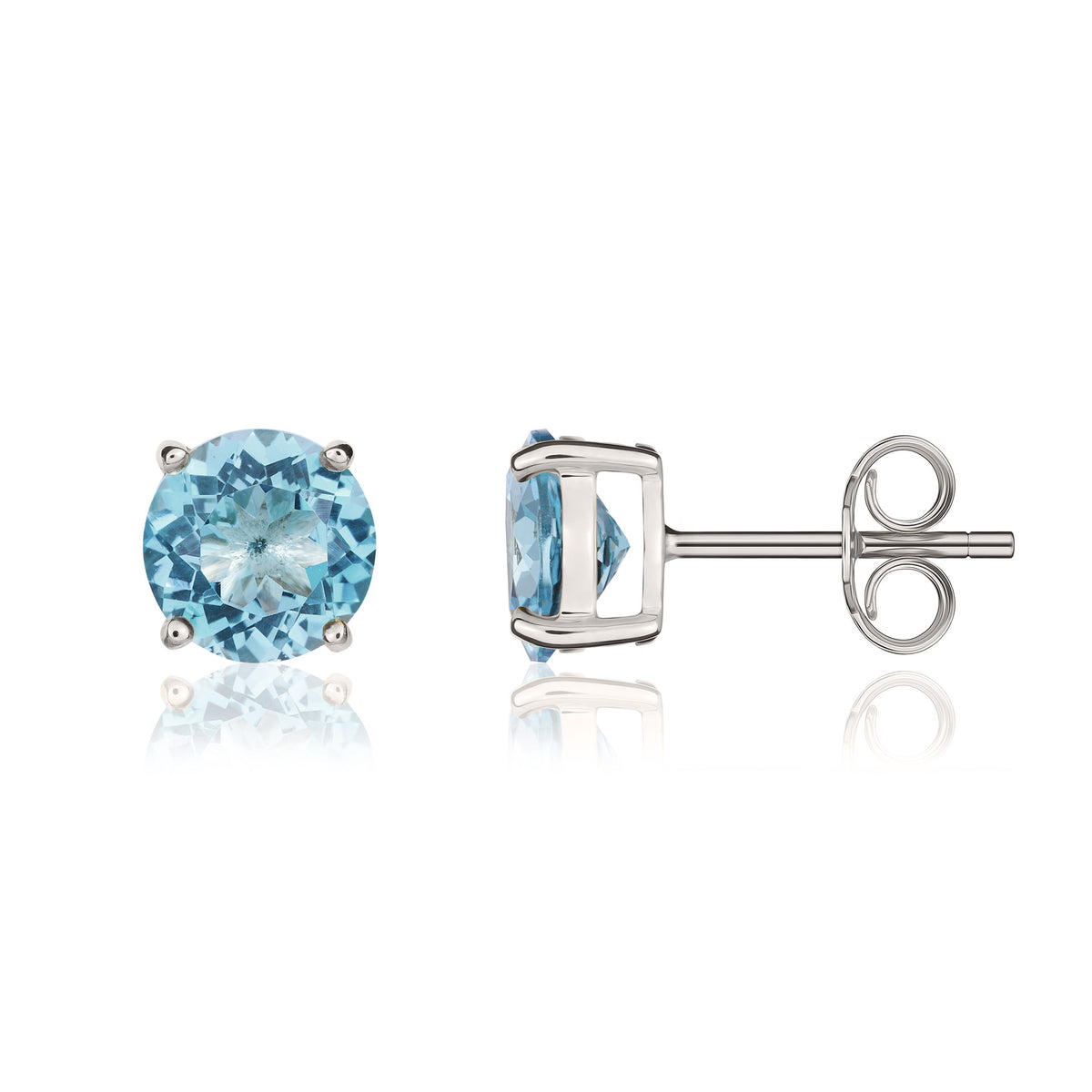 9CT WG 8MM ROUND SWISS BLUE TOPAZ CLAW SET EARRINGS