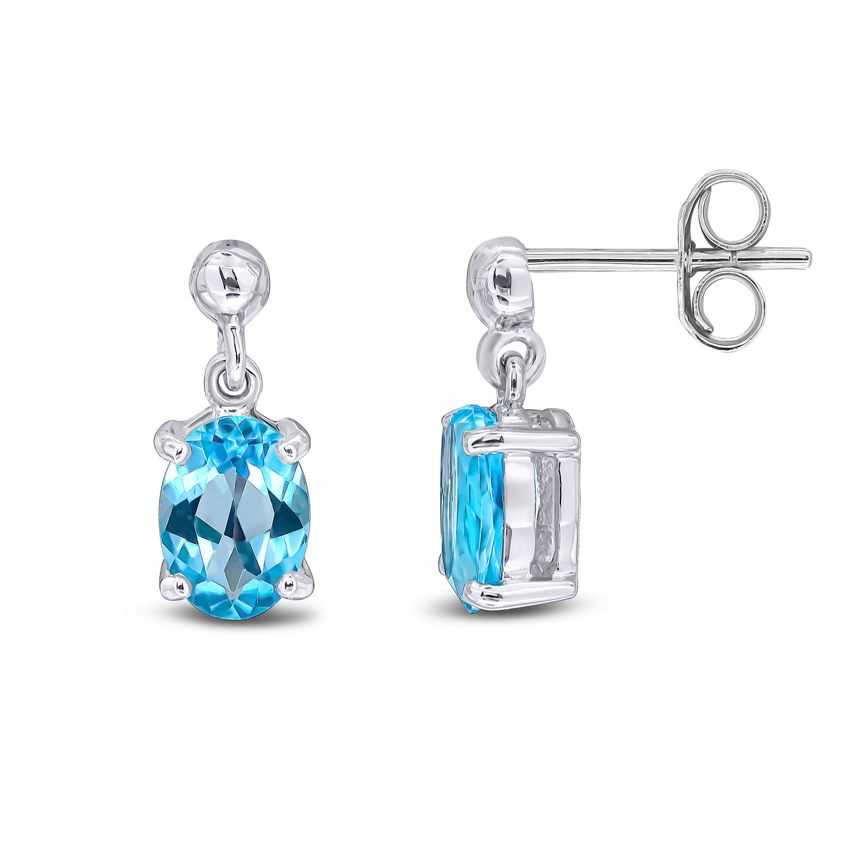 9CT WG OVAL 7X5MM SWISS BLUE TOPAZ CLAW DROP EARRINGS WITH BEAD TOP