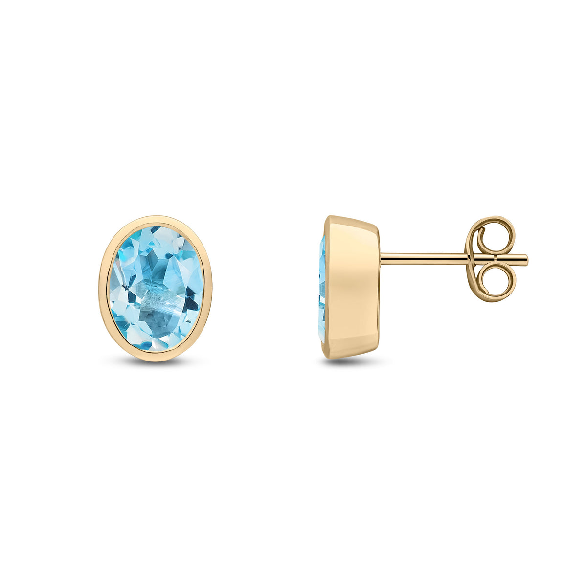 9CT YG 8X6 OVAL SWISS BLUE TOPAZ RUBOVER EARRINGS