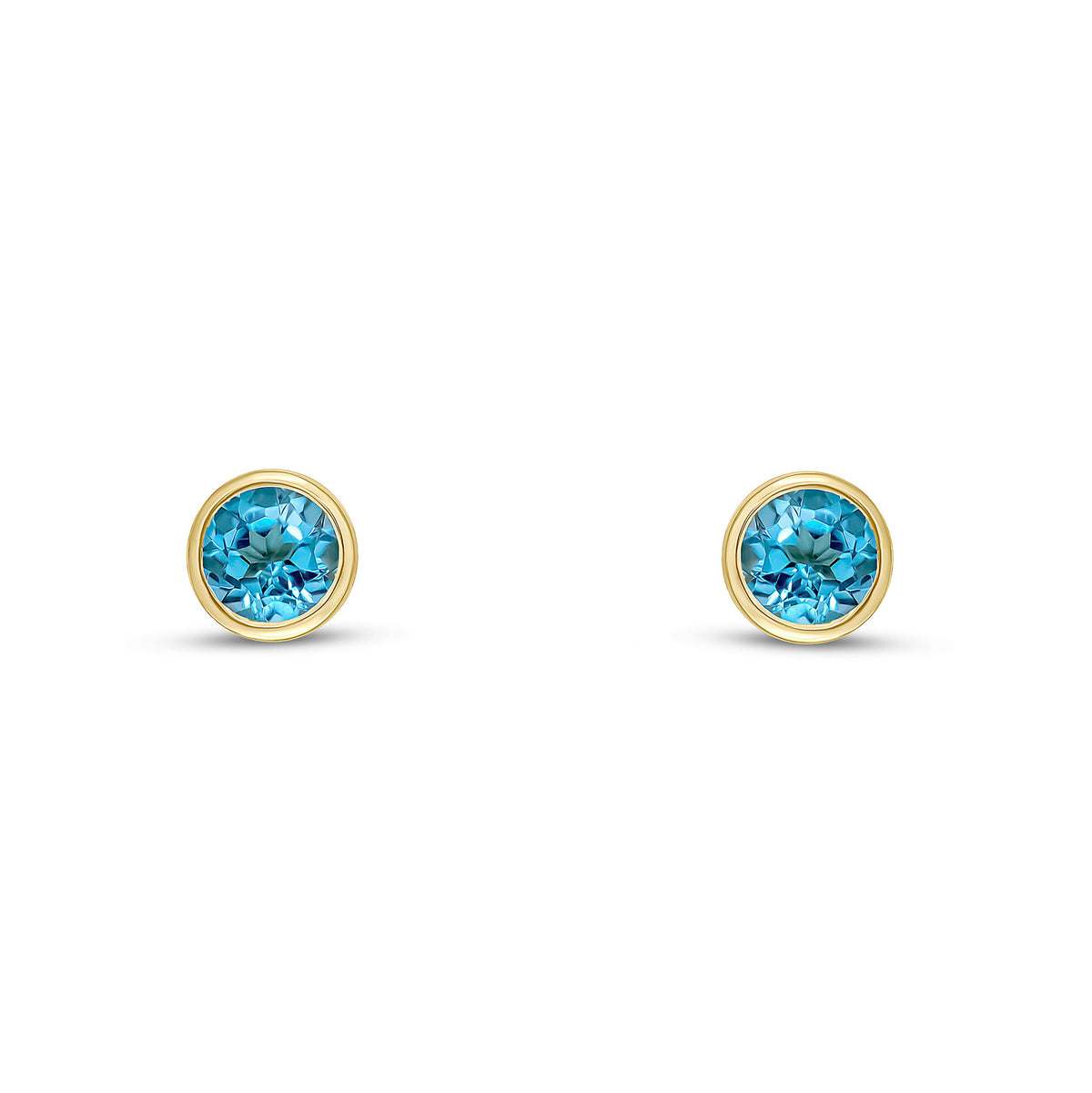 9CT YG 4MM ROUND SWISS BLUE TOPAZ RUBOVER STUD EARRINGS