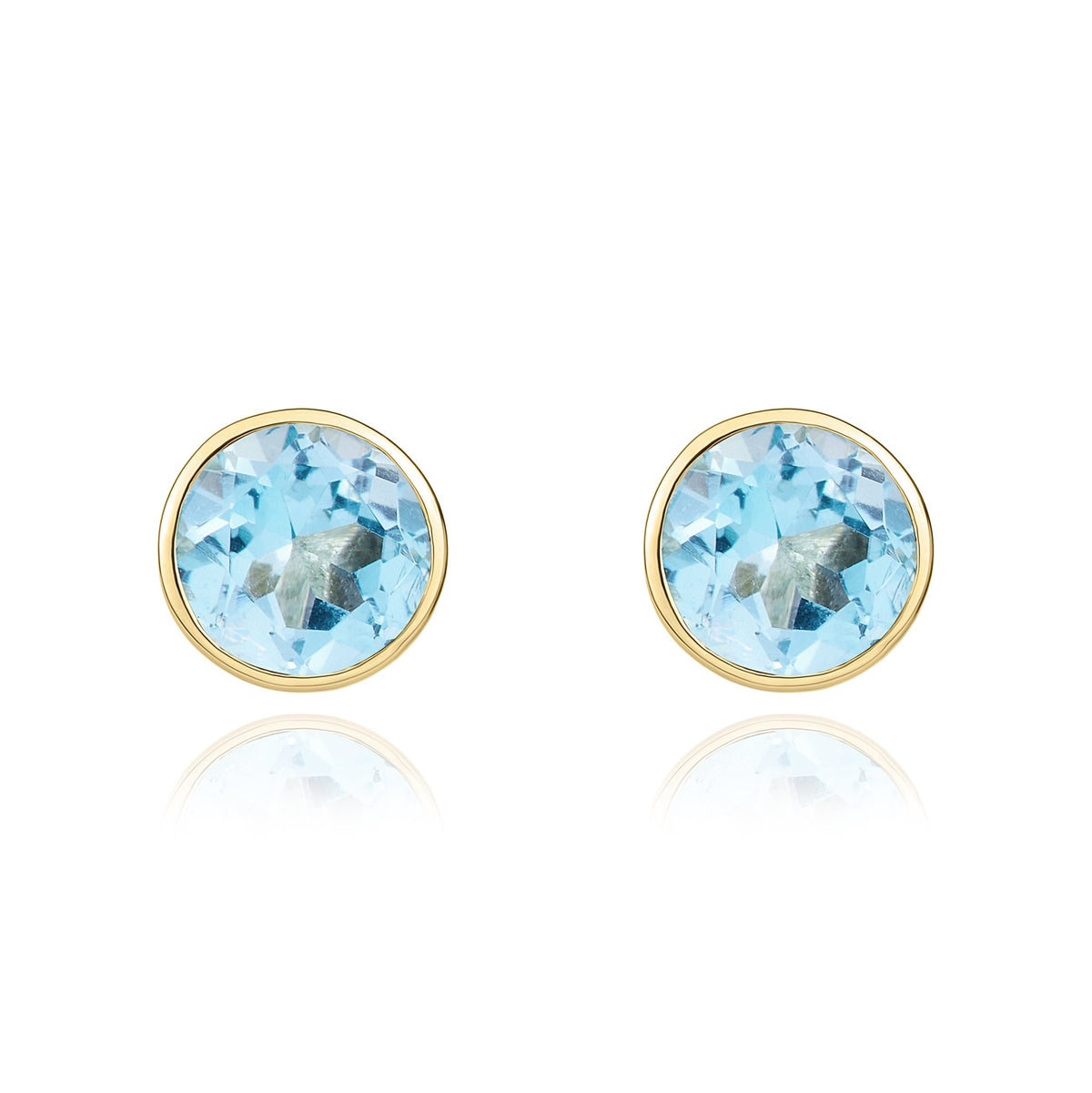 9CT YG 5MM ROUND SWISS BLUE TOPAZ RUBOVER STUD EARRINGS