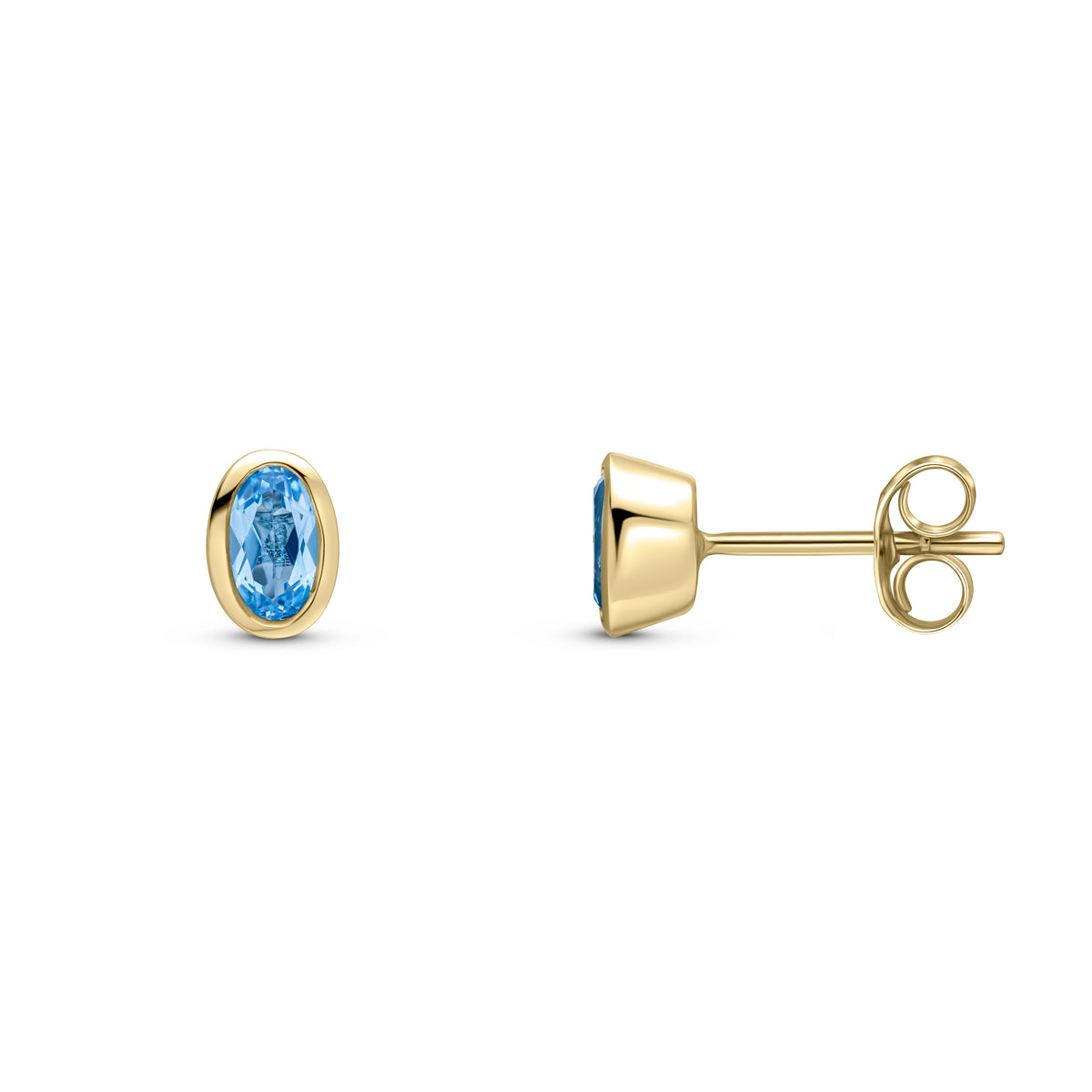 9CT YG 5X3 OVAL SWISS BLUE TOPAZ RUBOVER STUD EARRINGS