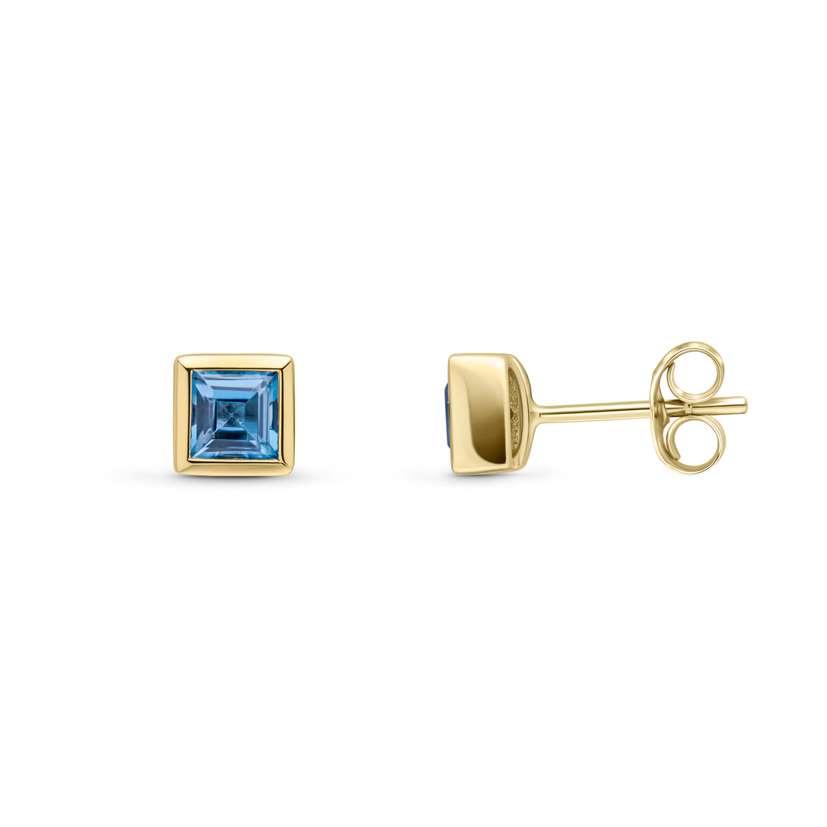 9CT YG 4MM SQUARE SWISS BLUE TOPAZ RUBOVER SET EARRINGS