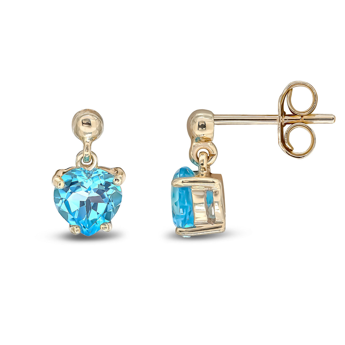 9CT YG 6MM HEART-SHAPE SWISS BLUE TOPAZ CLAW SET DROP EARRINGS WITH 3MM BEAD TOP