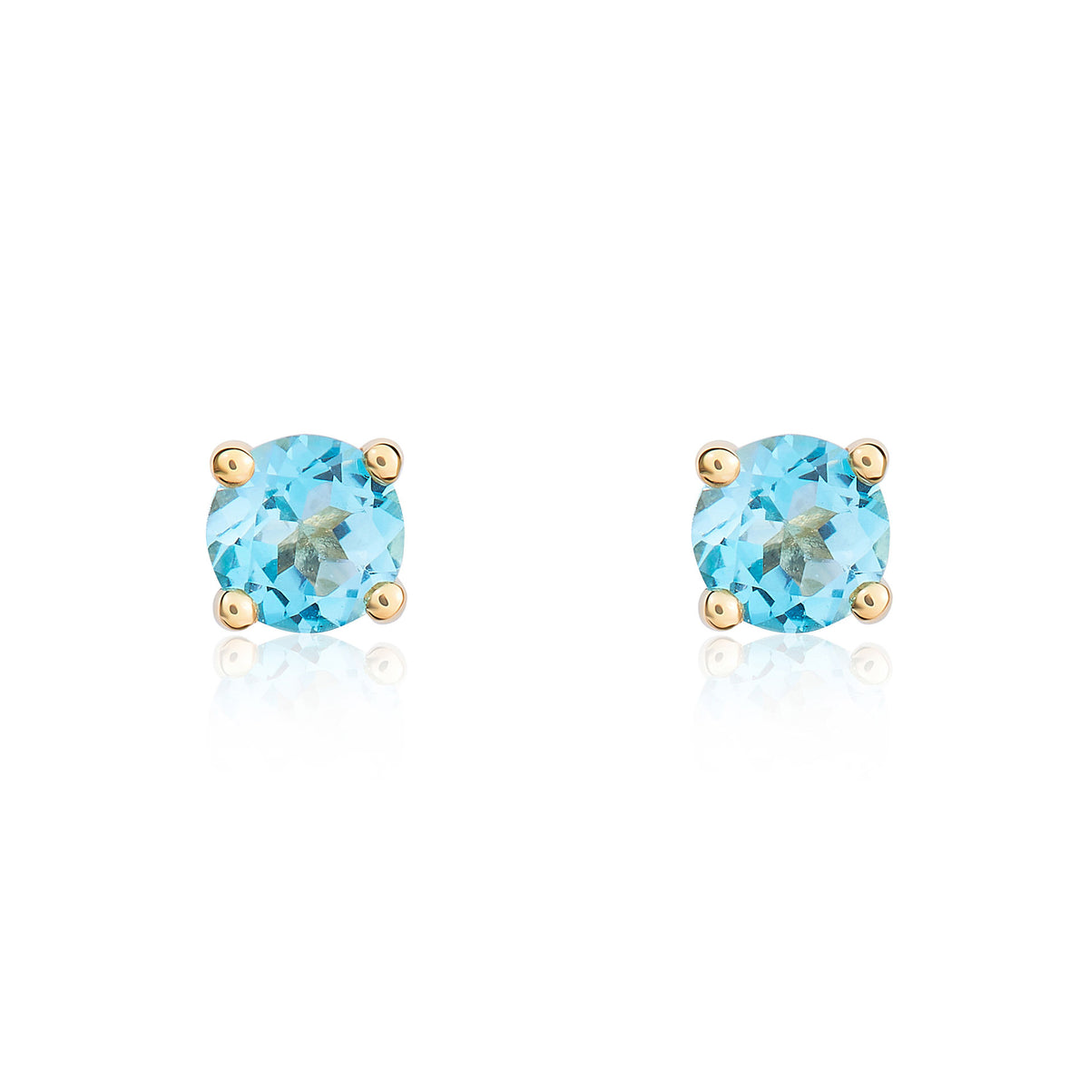 9CT YG 4MM ROUND SWISS BLUE TOPAZ 4 CLAW EARRINGS