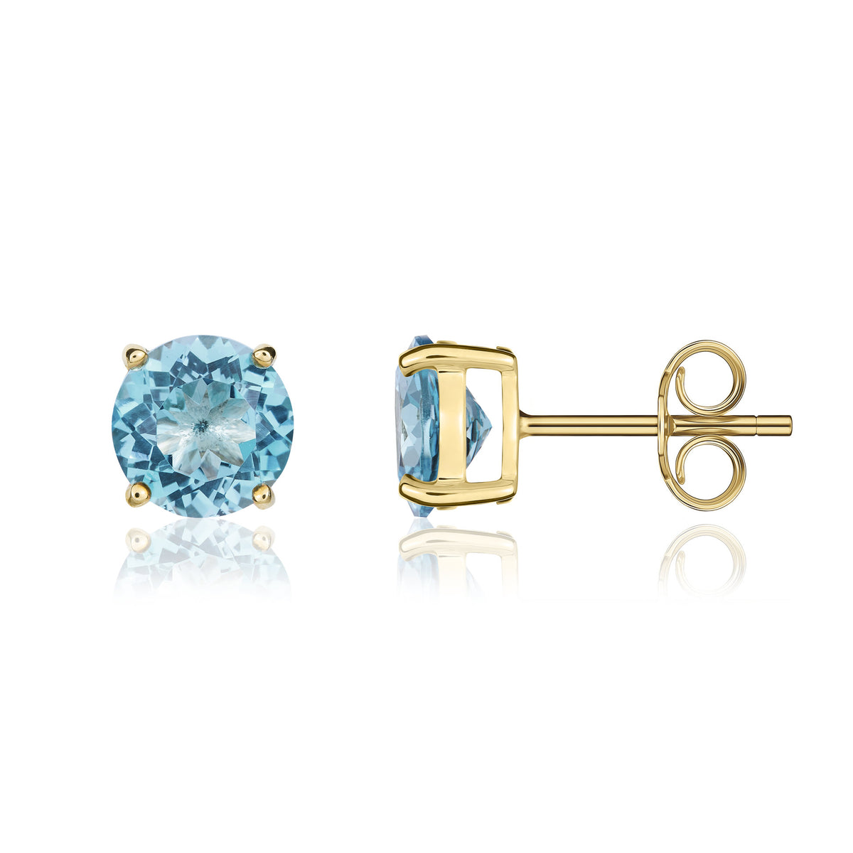 9CT YG 8MM ROUND SWISS BLUE TOPAZ CLAW SET EARRINGS