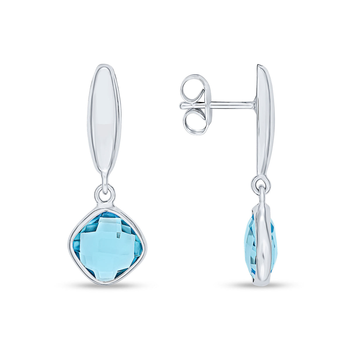 9CT WHITE GOLD CHECKERBOARD CUSHION BLUE TOPAZ AND POLISHED TORPEDO TOP DROP EARRINGS