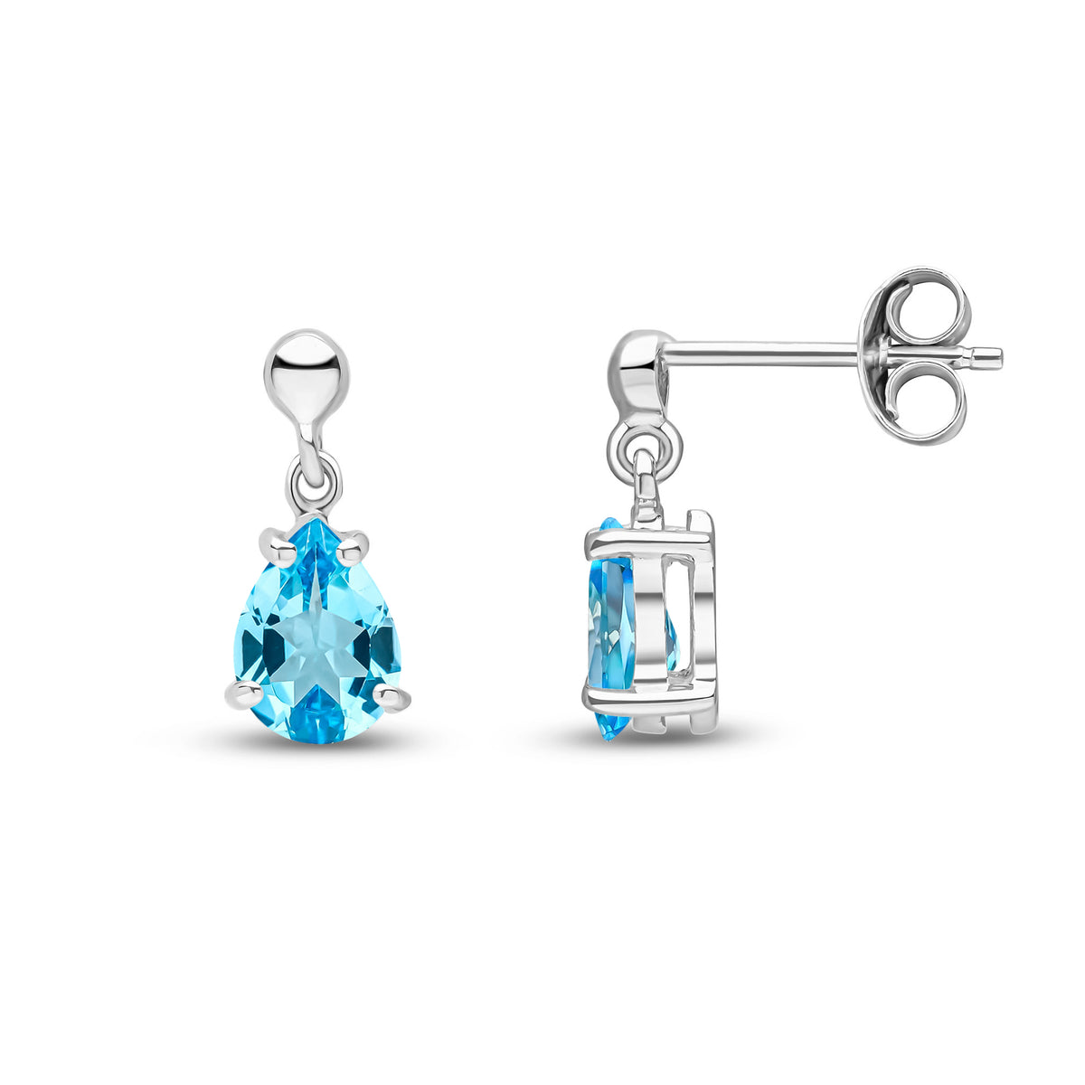 9CT WG 7X5 PEARSHAPE SWISS BLUE TOPAZ CLAW SET DROP EARRINGS WITH BEAD TOP